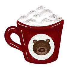 Hot cocoa with foam in red cup with bear clipart with cinnamon and chocolate.