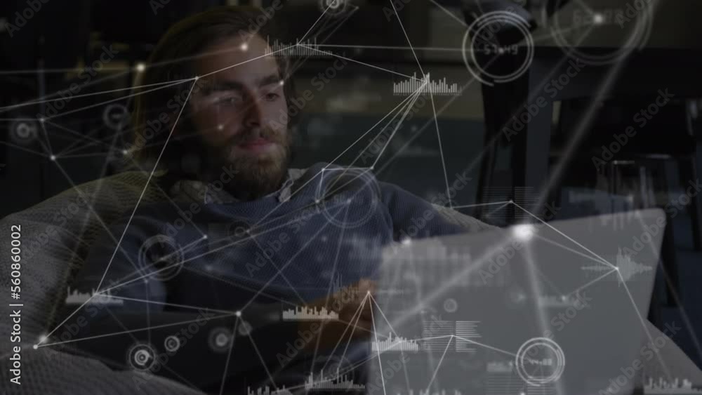 Poster animation of connections with data processing over caucasian businessman using laptop at office