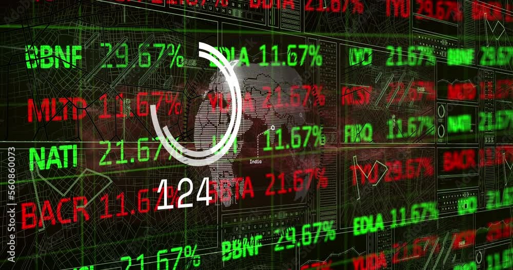 Poster animation of financial data processing and globe on black background