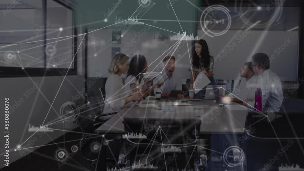 Poster animation of network of connections with data processing over diverse business people at office