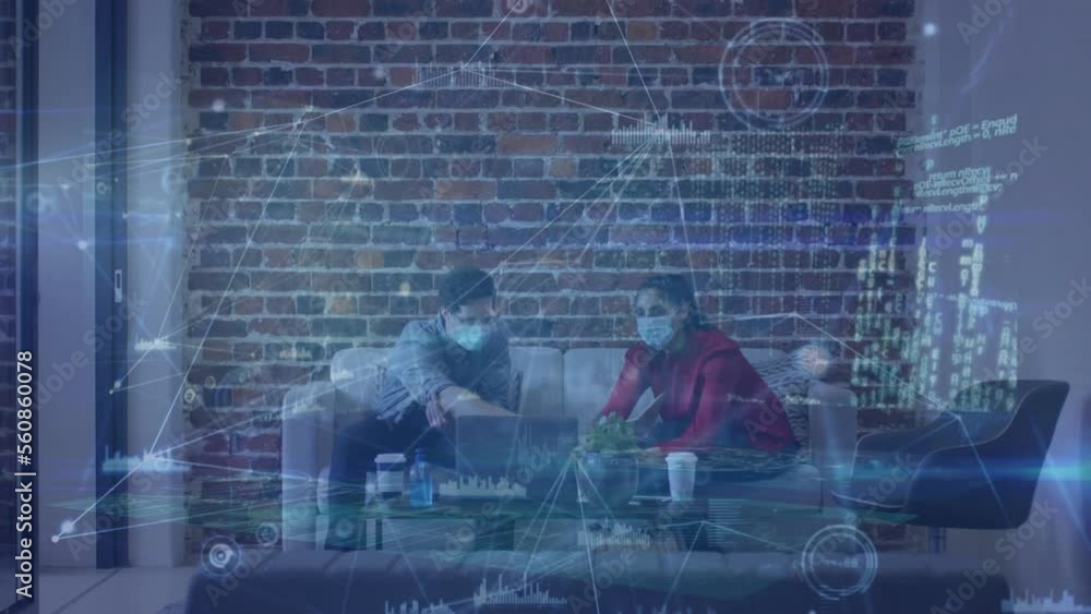 Poster animation of network of connections with data processing over diverse business people at office
