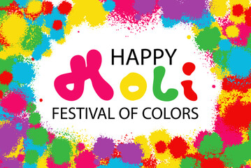 Happy Holi festival of colors vector illustration. Background, poster template. Color splashes and drops isolated on white. Street graffiti style 