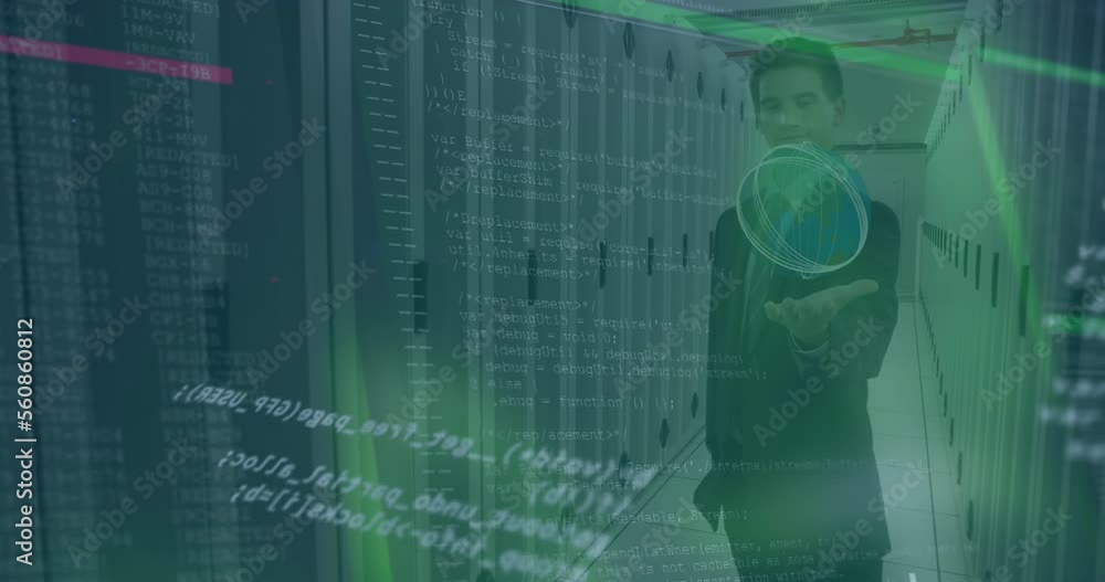 Poster animation of data processing over caucasian businessman and server room