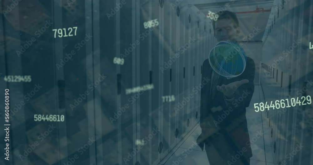 Poster animation of data processing over caucasian businessman and server room