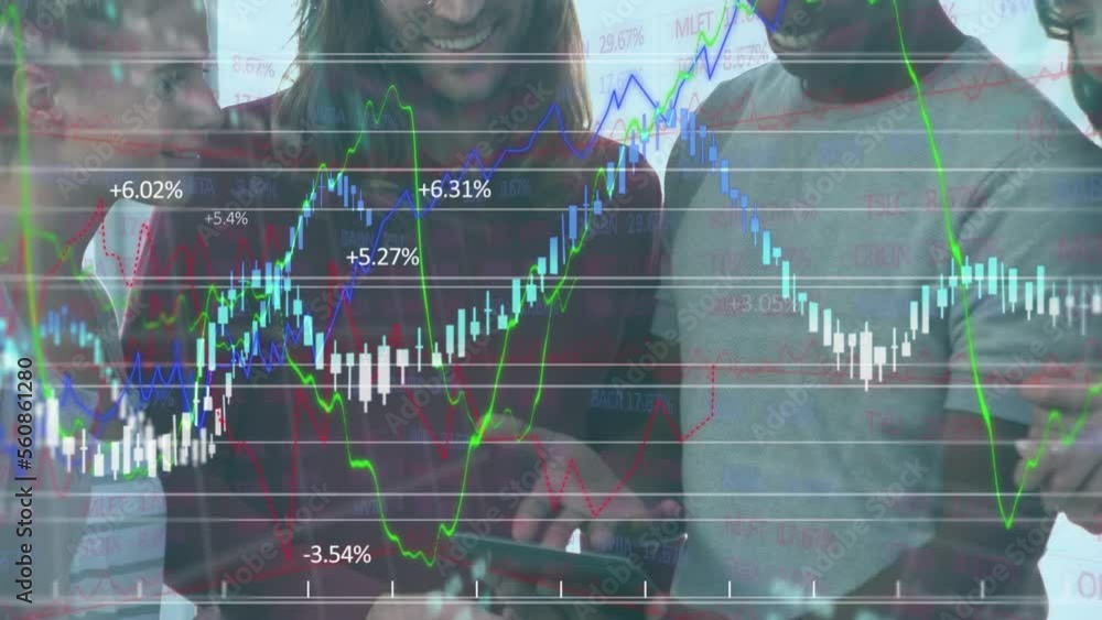 Poster animation of financial data processing over diverse people using tablet