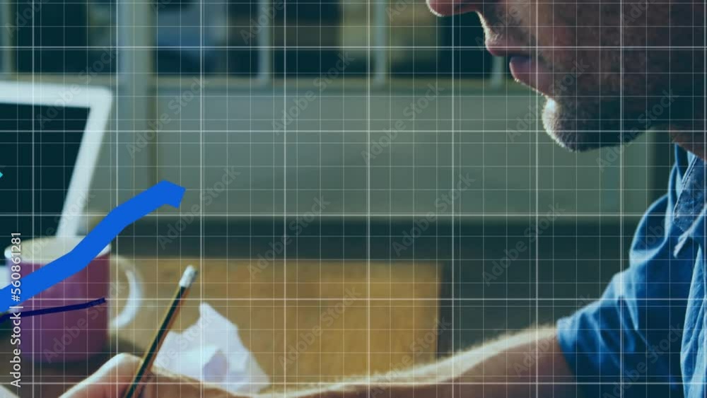 Aufkleber animation of financial data processing over caucasian man taking notes