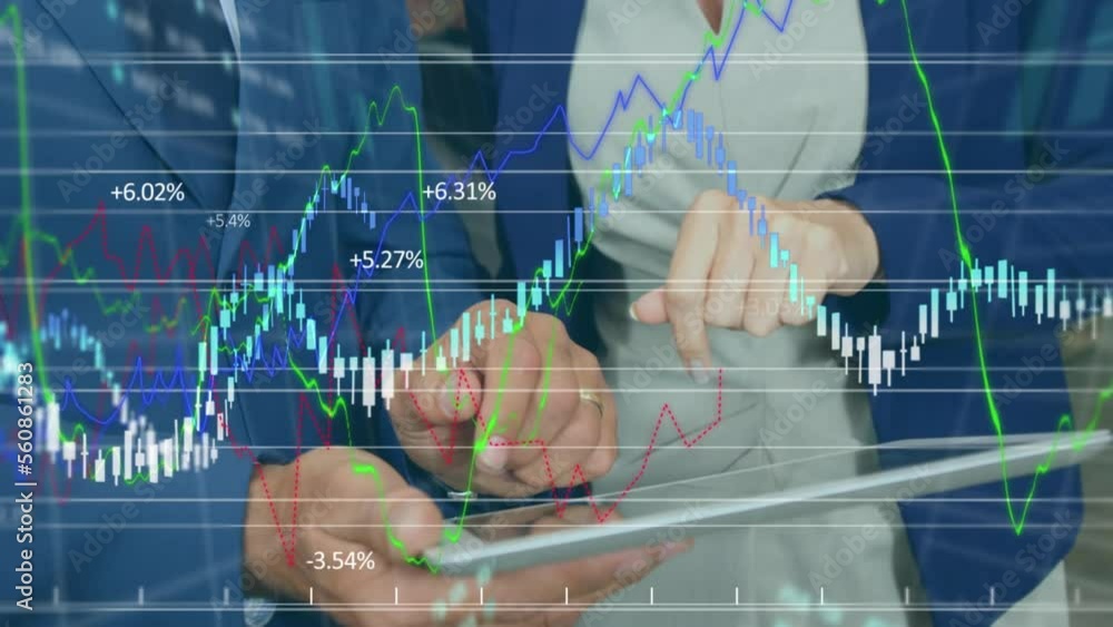 Aufkleber animation of financial data processing over diverse business people using tablet