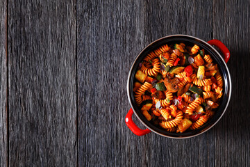 Vegetable with Pasta  in red pot, top view