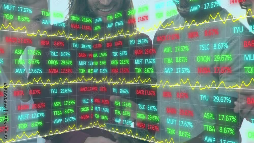 Poster animation of financial data processing over diverse people using tablet