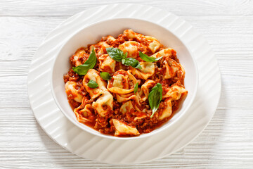 tortellini in ground beef tomato sauce, top view