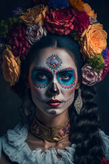 beautiful woman painted skull, face painted like skull inspired by Mexican dia de los muertos.