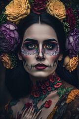 Portrait of woman with sugar skull makeup and colorful flowers dressed.