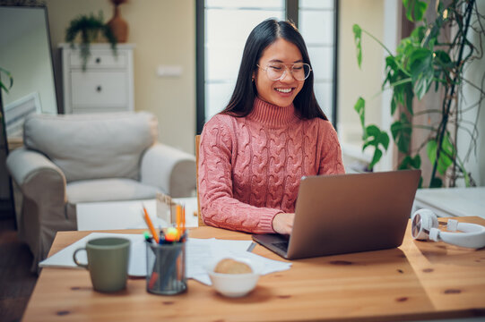 Vietnamese Asian Woman Using Laptop While Working At Home