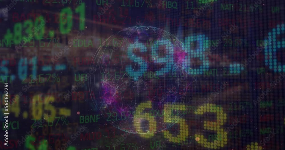 Aufkleber animation of financial data processing with globe over cityscape