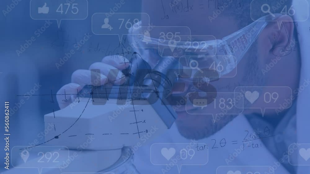 Poster animation of vibes text with numbers and mathematical equations over diverse scientists in lab