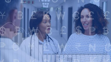Animation of currency cymbols and financial data processing over diverse doctors and patient - Powered by Adobe