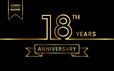 18th Anniversary template design with gold color for celebration event, invitation, banner, poster, flyer, greeting card. Line Art Design, Logo Vector Template