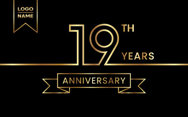 19th Anniversary template design with gold color for celebration event, invitation, banner, poster, flyer, greeting card. Line Art Design, Logo Vector Template