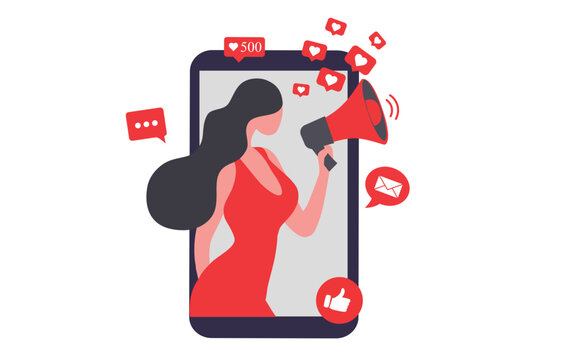 Beautiful woman shouting in loud speaker with social media icons. Influencer social media marketing, blogger, vlogging, social influencer and influencer marketing concept png background