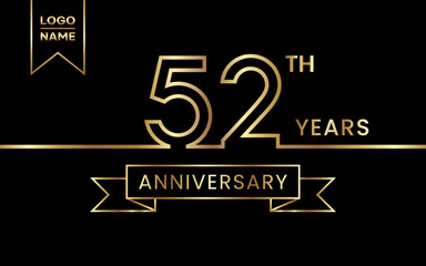 52th Anniversary template design with gold color for celebration event, invitation, banner, poster, flyer, greeting card. Line Art Design, Logo Vector Template