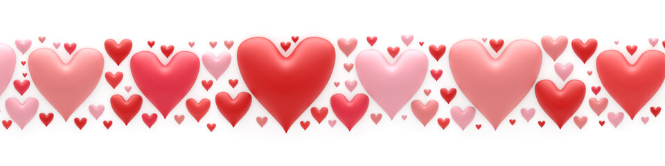 Banner of various pastel pink and red hearts for romantic Valentine's day or other romantic holiday. 3d render.