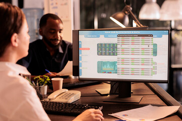 Woman monitoring company investment revenue using fund market software in coworking space, stock exchange statistics on computer screen. Financial analytics, analysis report