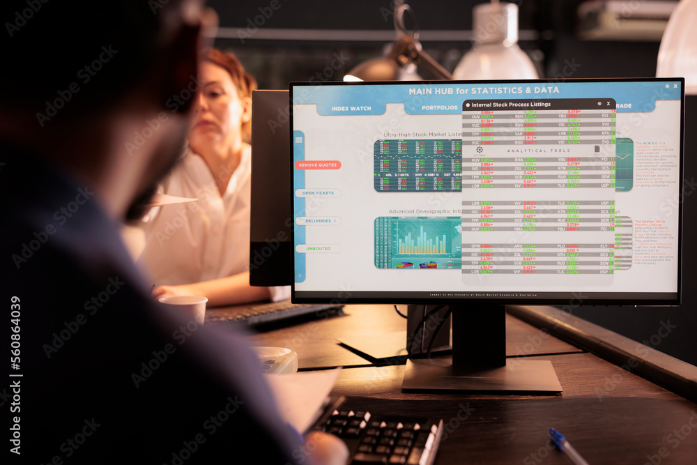 Poster employee analyzing trading stock market using analytics software on computer screen. company financi