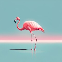 Fototapeta na wymiar Flamingo on blue beach. Minimalism. illustration Generated AI