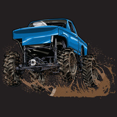 Mega Truck racing splash isolated on black background, for graphic design, screen print, DTG, DTF, poster and business elements. © wendy