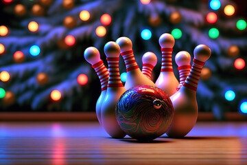 A game of bowling near the Christmas tree. Bowling, skittles and ball in Christmas style. 3D render illustration. - obrazy, fototapety, plakaty