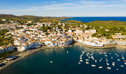 Fototapeta na wymiar Aerial panoramic view of small coastal Cadaques city, Catalonia, Spain
