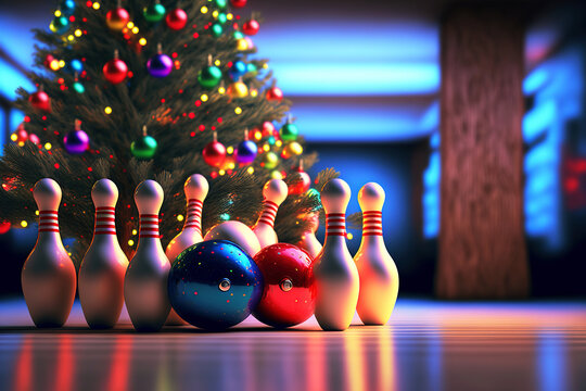 A game of bowling near the Christmas tree. Bowling, skittles and ball in Christmas style. 3D render illustration.