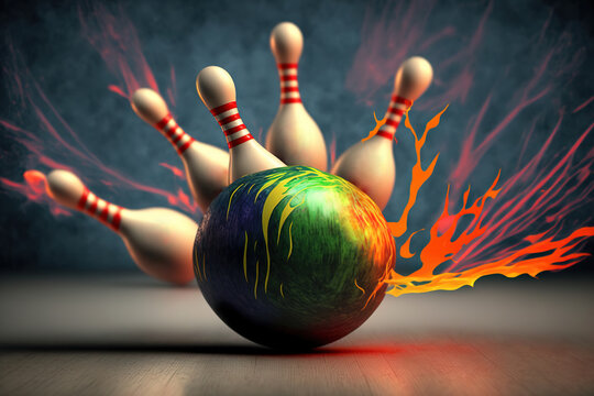 The bowling ball is ready to be hit. Image of a bowling ball hitting pins and exploding. 3D visualization of bowling