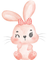 Cute happy sweet pink bunny rabbit cartoon character watercolour 