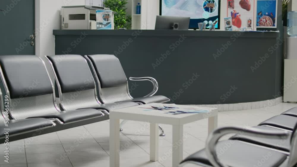 Poster hospital reception space with waiting area in lobby, administative registration counter used by empl