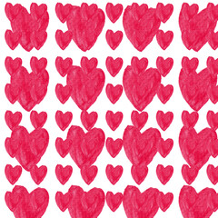 Fototapeta na wymiar seamless hand-painted watercolor red hearts pattern on pink background