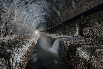 Underground vaulted urban sewer tunnel with dirty sewage