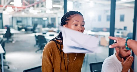 Argue, business people and frustrated woman shouting, angry and fighting with hr in meeting. Bullying, conflict and black woman in corporate fight, abuse and toxic workplace throw with documents.