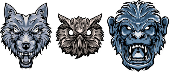 Head of monkey, owl, wolf. Abstract character illustrations. Graphic logo design template for emblem, mascot. Image of portraits.
