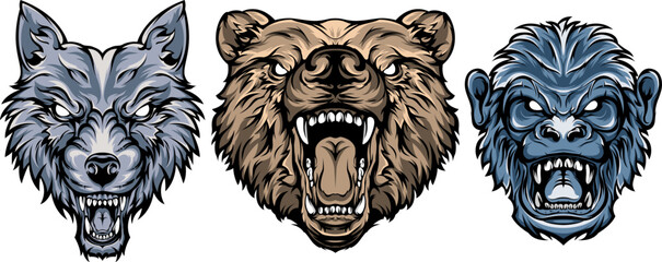 Head of bear, monkey, wolf. Abstract character illustrations. Graphic logo design template for emblem. Image of portraits.