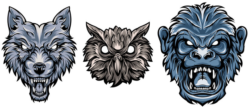 Head of monkey, owl, wolf. Abstract character illustrations. Graphic logo design template for emblem, mascot. Image of portraits.