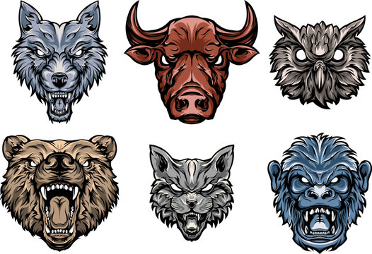 Head of bear, cat, monkey, owl, bull, wolf. Abstract character illustrations. Graphic logo design template for emblem. Image of portraits.