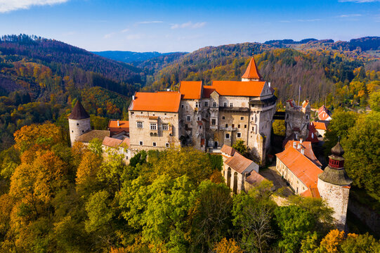 Scenic aerial view of historical medieval Pernstejn castle, Czech Republic