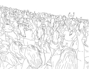 Line art drawing illustration of a large crowd of young people with cellphone or mobile phone at a live concert music event party festival on isolated white background done monoline style.