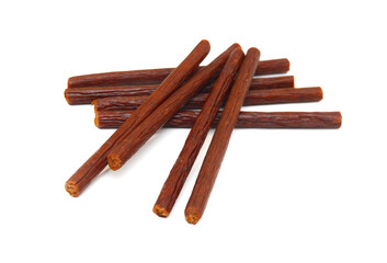 Smoked thin sausages, isolated on white