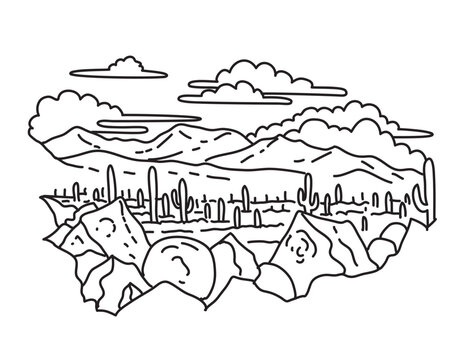 Mono line illustration of Signal Hill with petroglyph site in Tucson Mountain district of Saguaro National Park, Arizona, United States done in black and white monoline line drawing art style.

