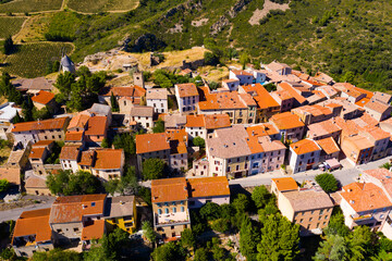 Aerial view of little village Cucugnan in the Aude area in France