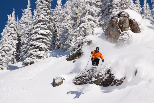 A male skier catches air at Whitefish Mountain Resort in Montana.