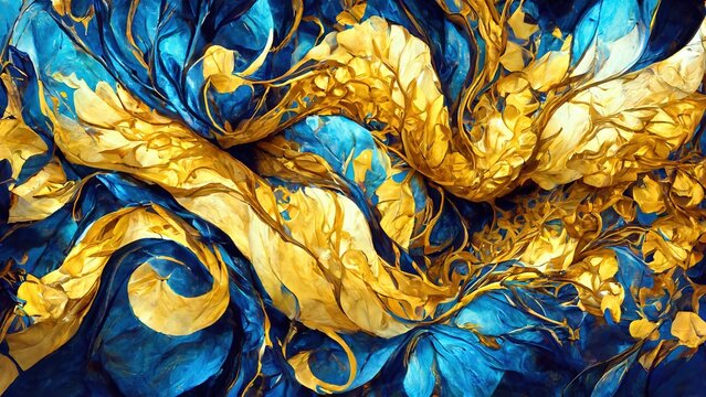 Blue and gold swirling abstract fractal background, generative AI © ZemraCreative