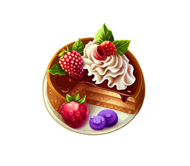 Cartoon cake with chocolate filling and berries. Vector illustration of a cake on a plate
